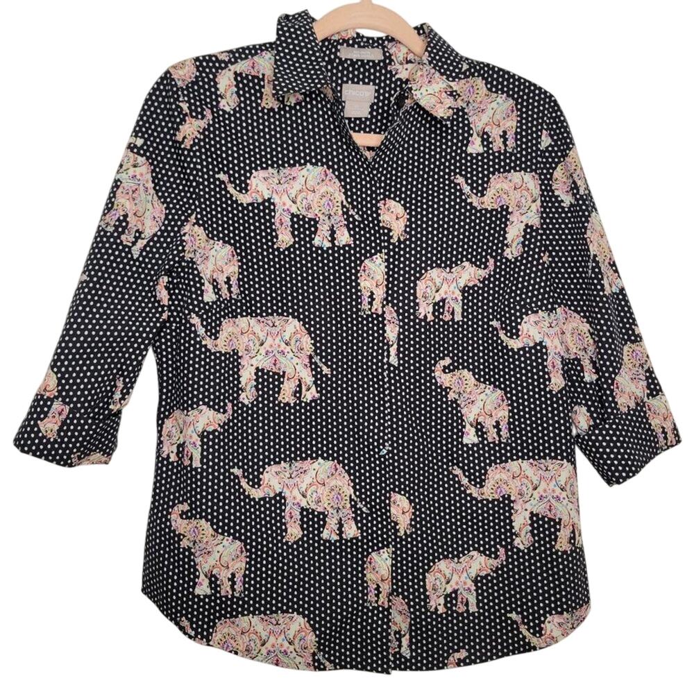 Chico's No-Iron No-Wrinkle‎ Travel Cotton Elephant Print Shirt Medium
